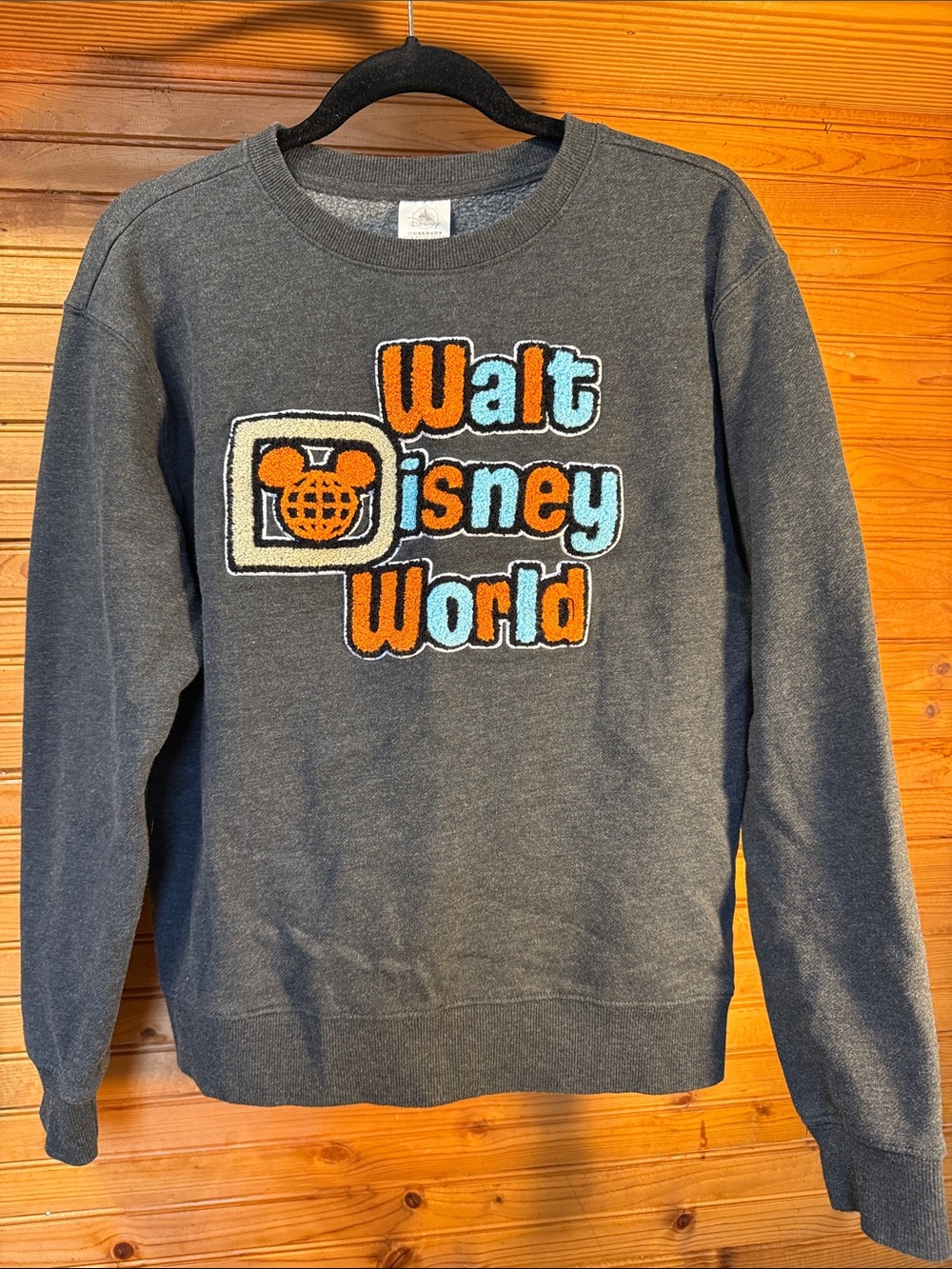 Disney Charcoal Crewneck with Orange and Light Blue Chenille Logo